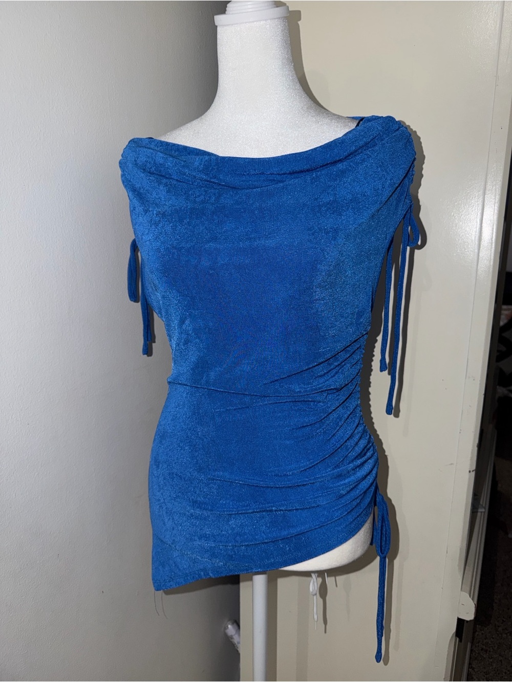 Adjustable Side-Ruched Cobalt Off-Shoulder Tunic Top